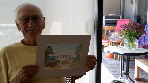 Angus with Liz watercolour of motel